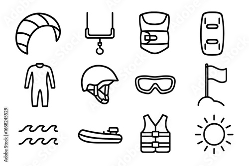 Kitesurfing Equipment Icons. Outline icon set of kitesurfing equipment: kite, control bar, harness, board,