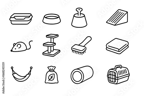 Kitten Care Icon Set. Outline icon set of kitten care items: litter tray, food dish, water fountain,
