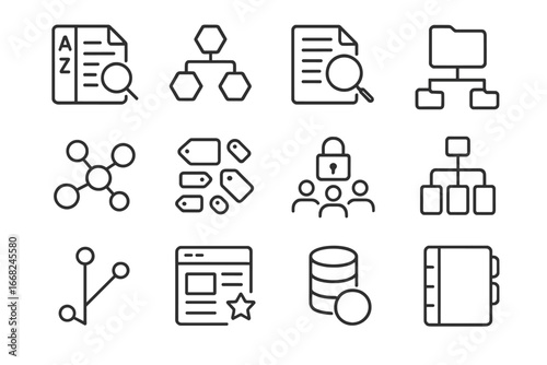 Knowledge Management Icons. Outline icon set of knowledge management systems: document index, taxonomy icon,