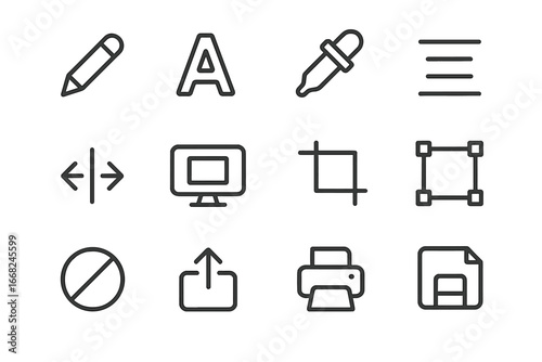 Label Customization Icons. Outline icon set of label customization tools: edit icon, font selector, color