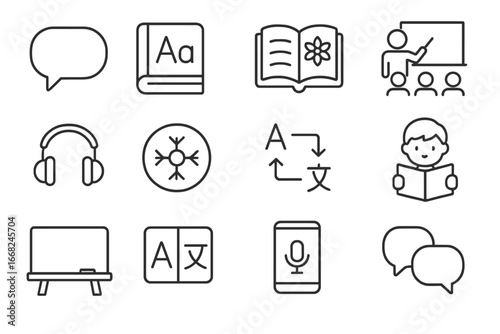 Language Preservation Icons. Outline vector icons of language preservation: speech bubble, alphabet book,