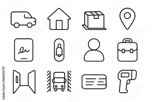 Last-Mile Delivery Icons. Outline icon set of last-mile delivery: small van, house icon, package on doorstep,