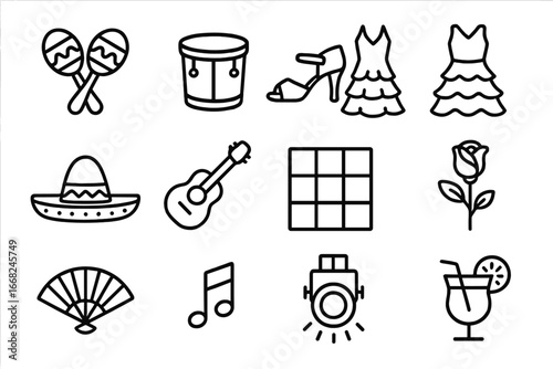 Latin Dance Icons. Outline icon set of Latin dance performances: maracas, drum, salsa shoes, dress with