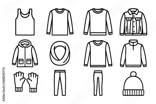 Layered Clothing Icons. Outline icon set of layered clothing style: undershirt, long sleeve tee, crewneck