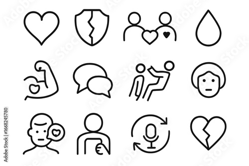 Leadership Vulnerability Icons. Outline icon set of vulnerability in leadership: heart open, cracked shield,
