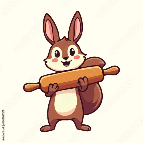 Adorable Bunny Chef: A cute bunny chef, with a playful grin, joyfully holds a rolling pin, embodying the sweetness of baking.