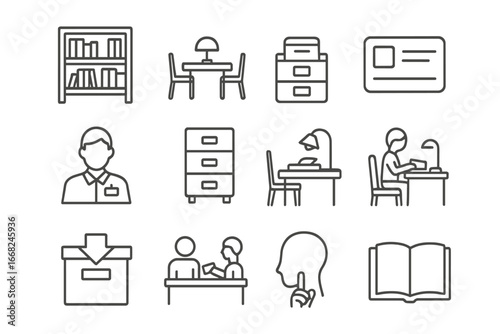 Library Icon Set. Outline vector icons of public libraries: book shelves, reading room, library card,