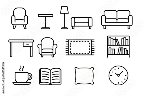 Library Icons Set. Outline icon set of library reading areas: reading chair, side table, floor lamp, sofa,
