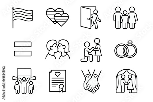 LGBTQ+ Milestones Icons. Outline icon set of LGBTQ+ love milestones: pride flag, rainbow hearts, coming out,