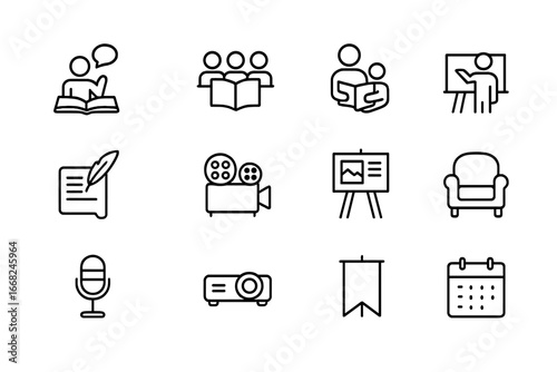 Library Event Icons. Outline icon set of library events and programs: author talk, book club, storytime,