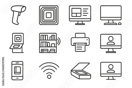 Library Tech Icons. Outline vector icons of library technology tools: barcode scanner, RFID tag, digital