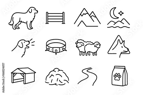 Livestock Guardian Icons. Outline icon set of livestock guardian dogs: Great Pyrenees, livestock pen, mountain