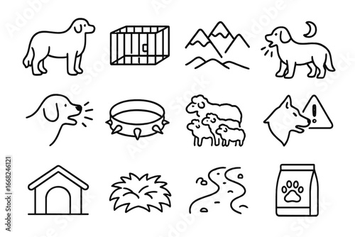 Livestock Guardian Icons. Outline icon set of livestock guardian dogs: Great Pyrenees, livestock pen, mountain
