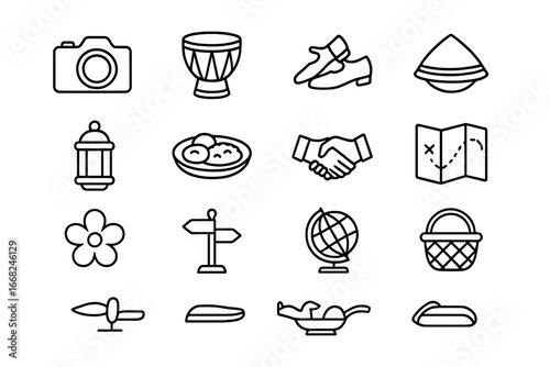 Local Tradition Icons. Outline icon set of photographing local traditions: camera, drum, dance shoes,