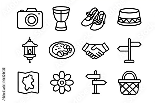 Local Tradition Icons. Outline icon set of photographing local traditions: camera, drum, dance shoes,