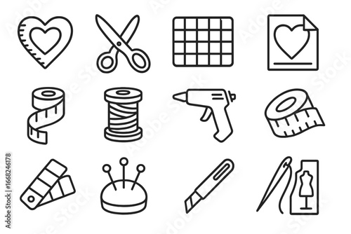 Love Crafting Tools Icons. Outline icon set of love-themed crafting tools: heart ruler, fabric shears,