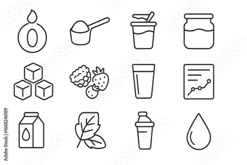 Low-Calorie Smoothie Icons. Outline icon set of low-calorie smoothies: calorie label, portion scoop, light