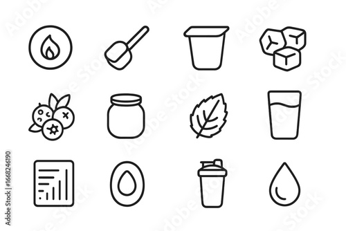 Low-Calorie Smoothie Icons. Outline icon set of low-calorie smoothies: calorie label, portion scoop, light