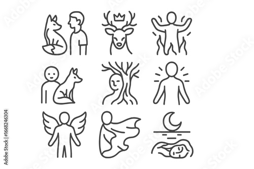 Magical Forest Transformations. Outline icon set of transformation and forest spirit: fox becoming man, deer