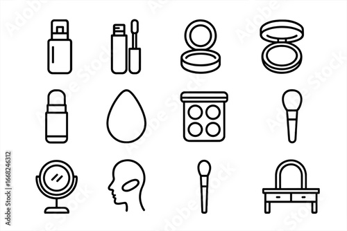 Makeup Essentials Icons. Outline icon set of face makeup essentials: foundation bottle, concealer wand,