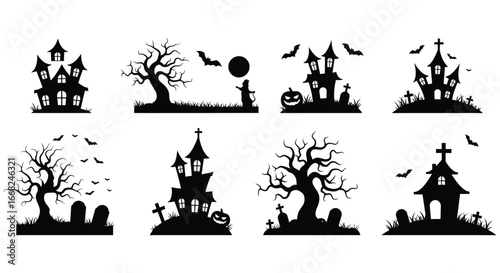 Halloween silhouettes of haunted houses trees and graveyards with bats and jack o lanterns