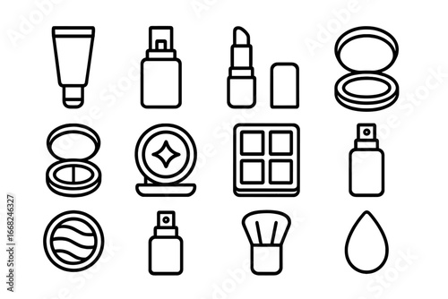 Makeup Icons Grid. Outline icon set of face makeup steps: primer tube, foundation bottle, concealer stick,