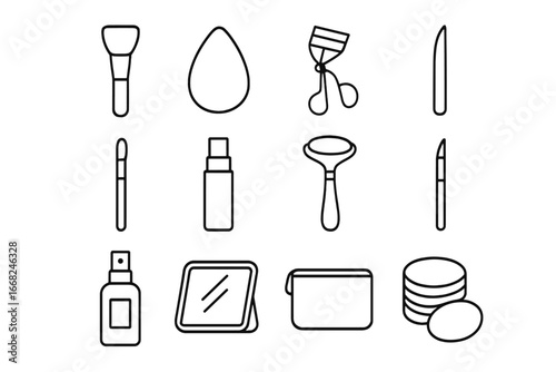 Makeup Tools Icons. Outline icon set of daily makeup tools: foundation brush, beauty blender, eyelash curler,