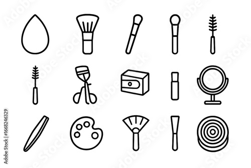 Makeup Tools Icons. Outline icon set of makeup tools: blending sponge, powder brush, angled brush, eyeshadow