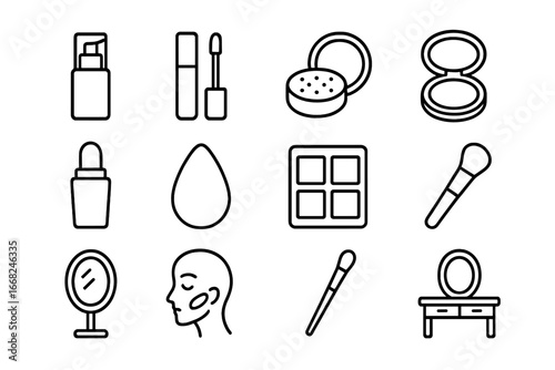 Makeup Essentials Icons. Outline icon set of face makeup essentials: foundation bottle, concealer wand,