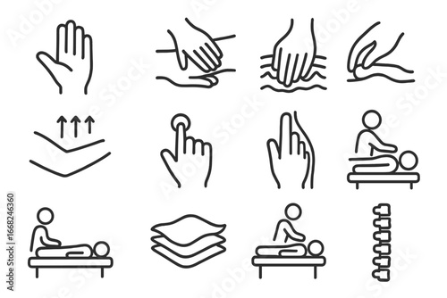 Manual Therapy Icons. Outline icon set of manual therapy techniques: therapist hand, joint mobilization, soft