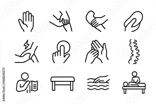 Manual Therapy Icons. Outline icon set of manual therapy techniques: therapist hand, joint mobilization, soft