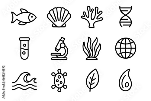Marine Conservation Icons. Outline icon set of marine genetic conservation: fish, shell, coral, DNA strand,
