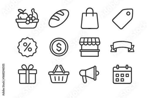 Market Flyer Icons. Outline icon set of local market flyer: fruit basket, bread loaf, shopping bag, price tag,