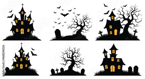 Halloween scene with haunted houses and trees in silhouette on white background