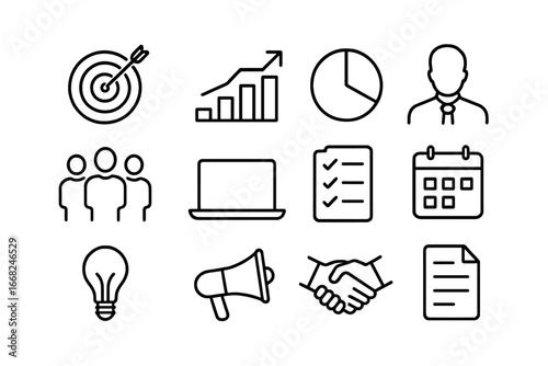 Marketing Goals Icons. Outline icon set of marketing goal setting: target, bar chart, pie chart, manager