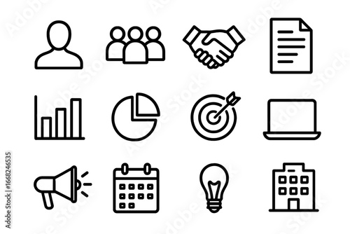 Marketing Leadership Icons. Outline icon set of cross-department marketing leadership: manager silhouette,