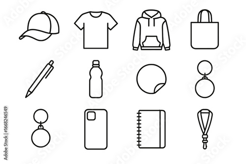 Marketing Swag Icons. Outline icon set of marketing swag: cap, t-shirt, hoodie, tote bag, pen, water bottle,