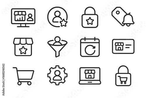 Marketplace Membership Icons. Outline icon set of online marketplace memberships: seller dashboard, buyer