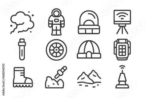 Mars Mission Icon Set. Outline icon set of Mars EVA missions: red dust cloud, insulated suit, oxygen dome,