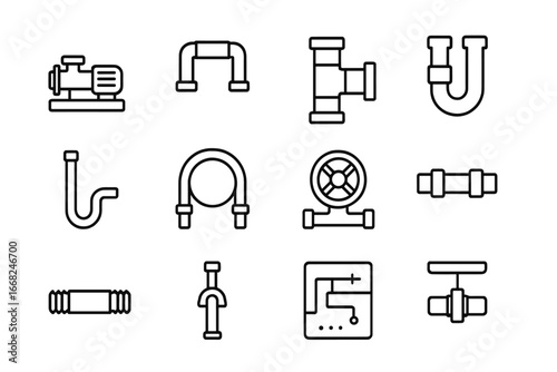 Mechanical Piping Icons. Outline icon set of mechanical room piping: pump unit, HVAC pipe, coolant line,