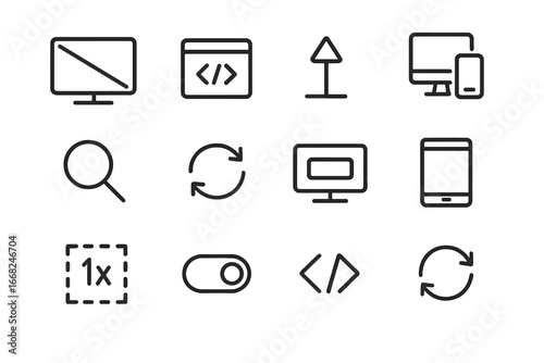 Media Queries Icon Set. Outline icon set of media queries: screen size, CSS code, breakpoint marker, device