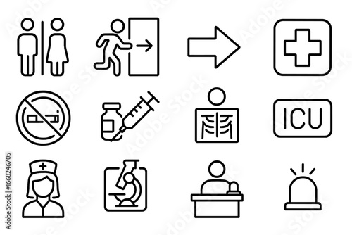 Medical Signage Icons. Outline icon set of medical signage: restroom sign, emergency exit, arrow icon,
