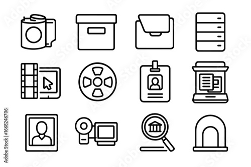Media Preservation Icons. Outline icon set of media preservation and archives: film canister, document box,