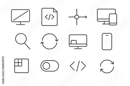 Media Queries Icon Set. Outline icon set of media queries: screen size, CSS code, breakpoint marker, device