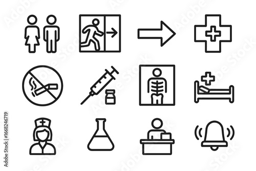 Medical Signage Icons. Outline icon set of medical signage: restroom sign, emergency exit, arrow icon,