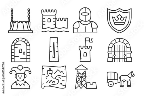 Medieval Castle Icons. Outline icon set of castle tours and medieval heritage: drawbridge, moat icon, knight