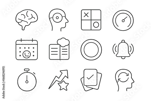 Mental Fitness Icons. Outline vector icons of mental fitness apps: brain icon, focus session, memory game,