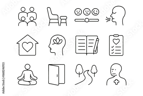 Mental Health Icons. Outline icon set of mental health retreat journeys: support group, talk therapy chair,