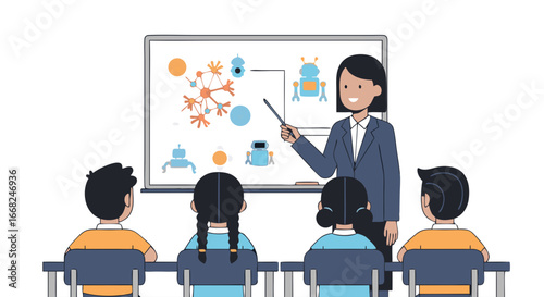 Teacher instructing young students about robotics and artificial intelligence in a classroom setting, illustrating learning and education