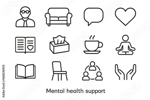 Mental Health Icons. Outline icon set of mental health support: counselor, couch, speech bubble, heart icon,